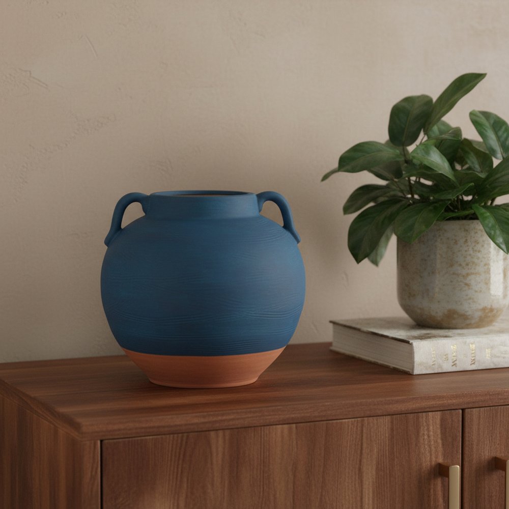 7" Blue And Terra Cotta Ceramic Round Urn HomeRoots