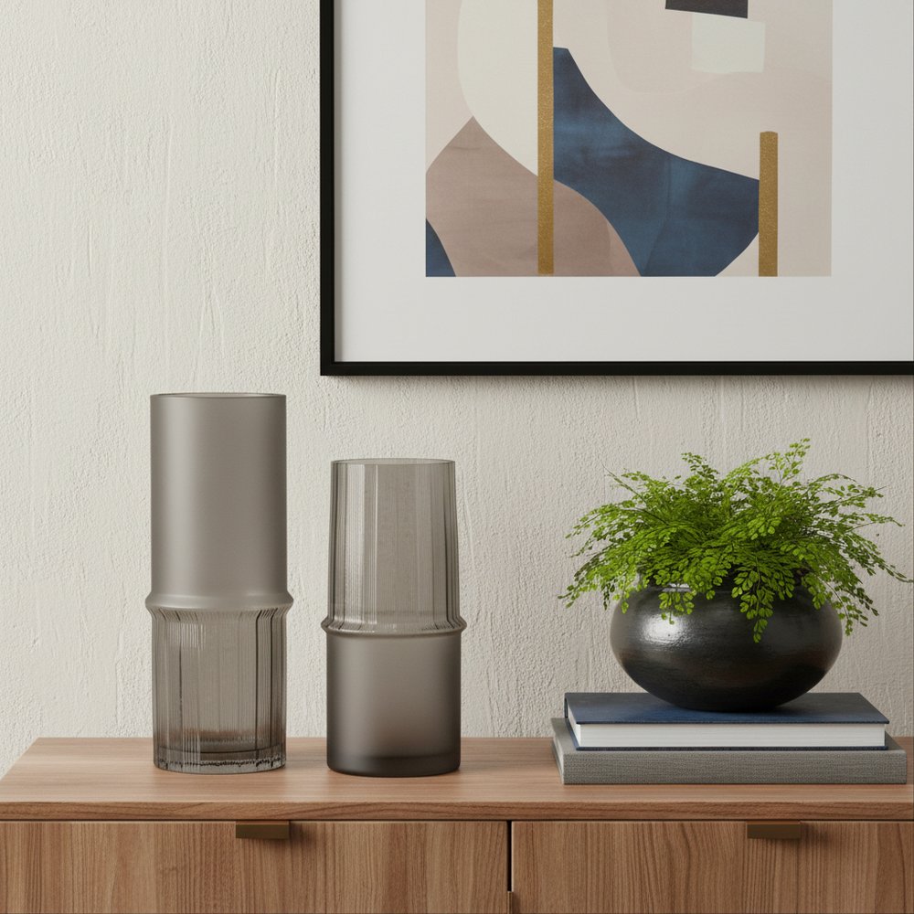 Set of Two Gray Glass Cylinder Table Vases HomeRoots