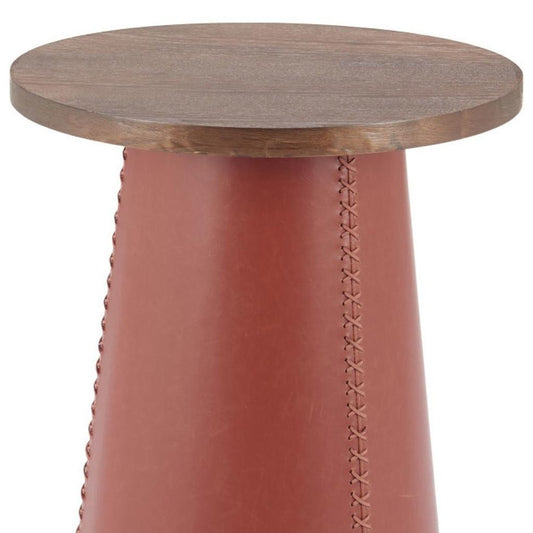 23" Brown Wood and Faux Leather Round Pedestal End Table HomeRoots