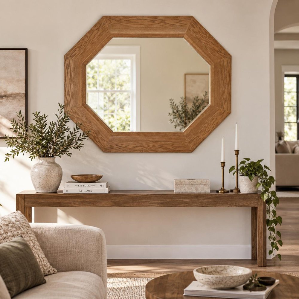 53" Natural Solid Wood Octagon Framed Accent Mirror HomeRoots