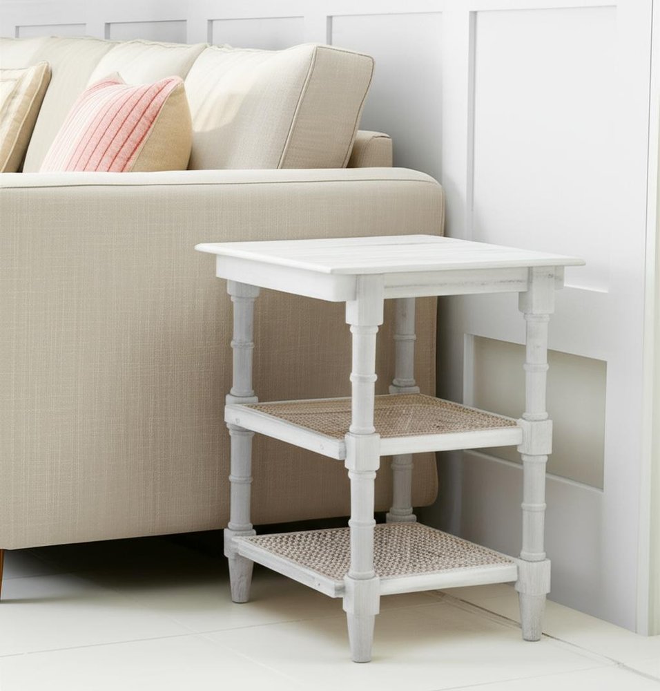 24" Antiqued White Solid Wood End Table With Two Shelves HomeRoots