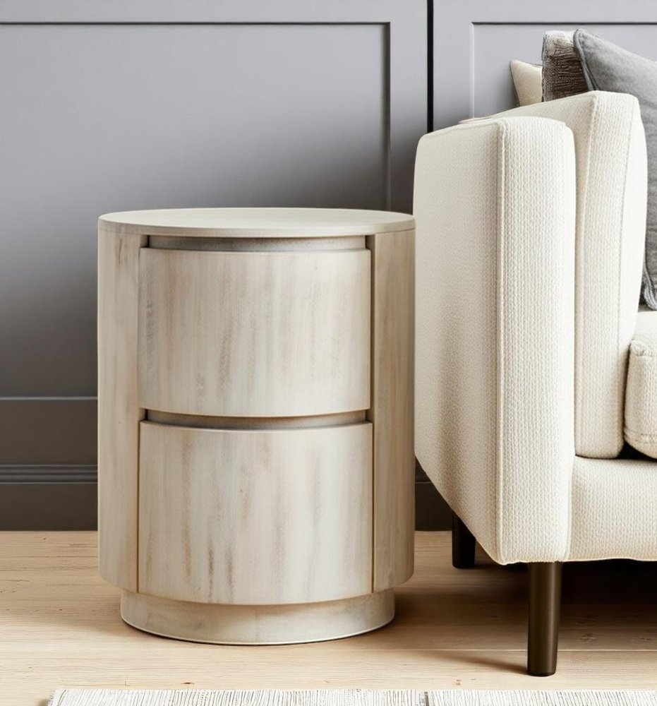 24" White Solid Wood Round Drum End Table With Two Drawers HomeRoots
