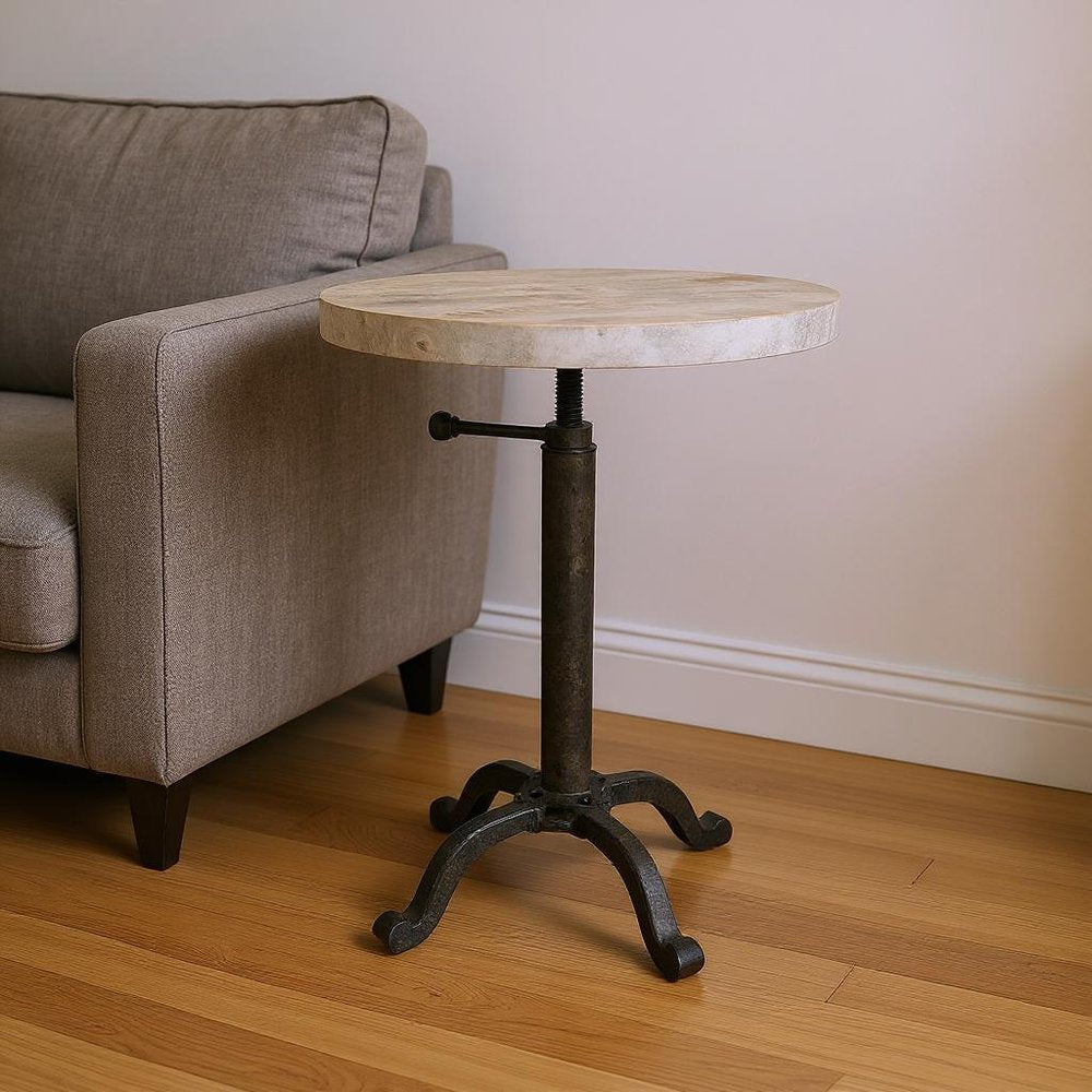 22" Natural and Black Solid Wood and Metal Height Adjustable Round Pedestal End Table HomeRoots