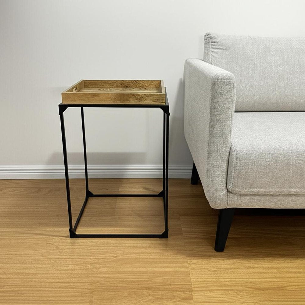 29" Natural and Black Solid Wood and Iron Square Frame End Table HomeRoots