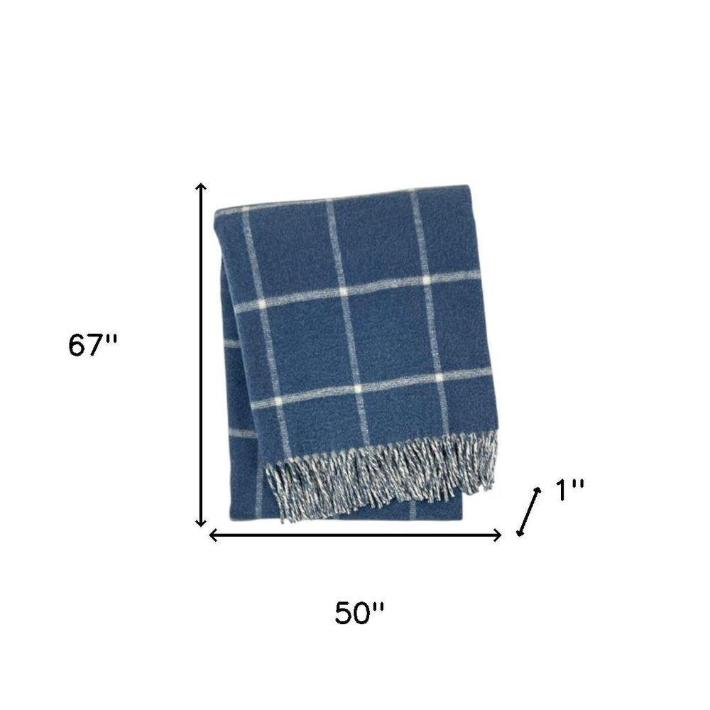 50" X 67" Denim Blue And White Cotton Blend Woven Plaid Throw Blanket with Fringe HomeRoots