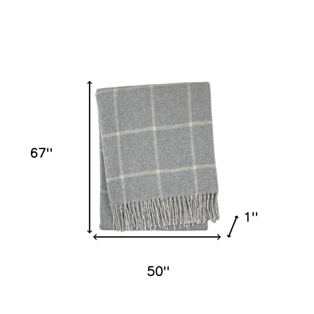 50" X 67" Light Gray And White Cotton Blend Woven Plaid Throw Blanket with Fringe HomeRoots