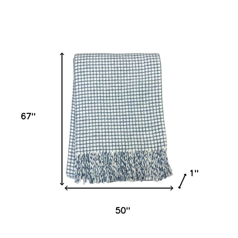 50" X 67" Cream And Denim Blue Cotton Blend Woven Plaid Throw Blanket with Fringe HomeRoots