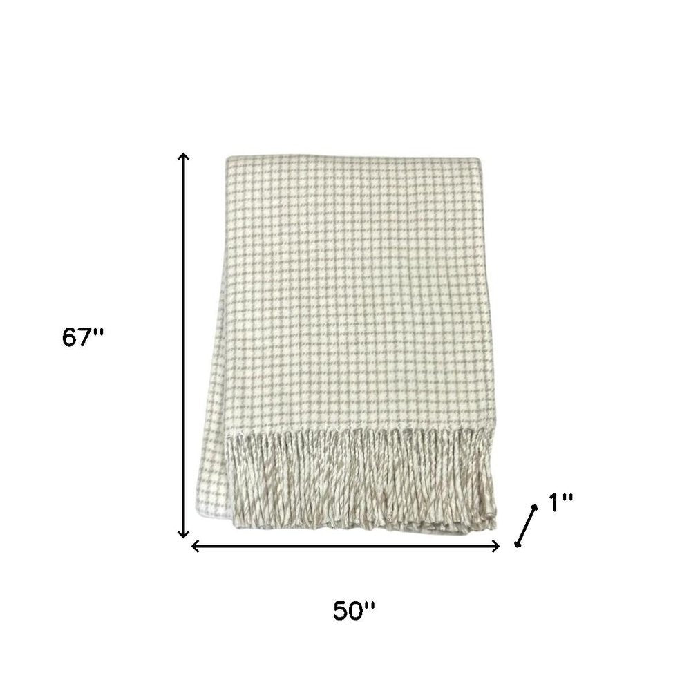 50" X 67" Cream And Sand Cotton Blend Woven Plaid Throw Blanket with Fringe HomeRoots