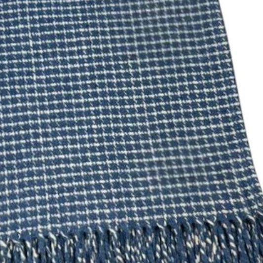 50" X 67" Denim Blue And Cream Cotton Blend Woven Plaid Throw Blanket with Fringe HomeRoots