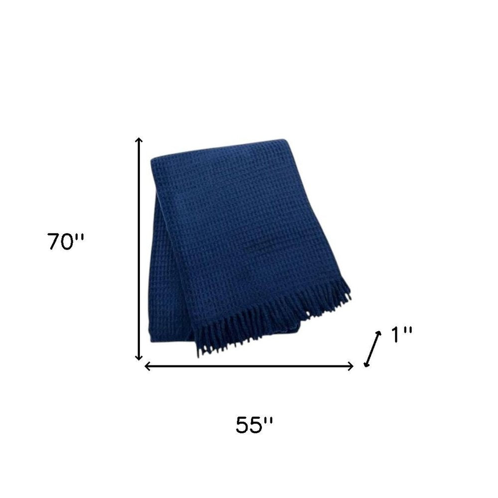 55" X 70" Navy Blue Cotton Blend Waffle Weave Throw Blanket with Fringe HomeRoots