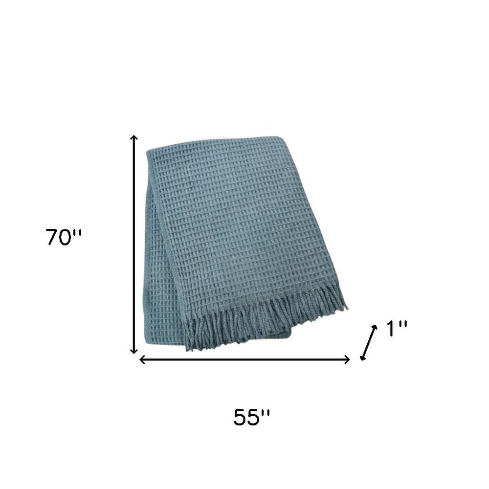 55" X 70" Slate Blue Cotton Blend Waffle Weave Throw Blanket with Fringe HomeRoots