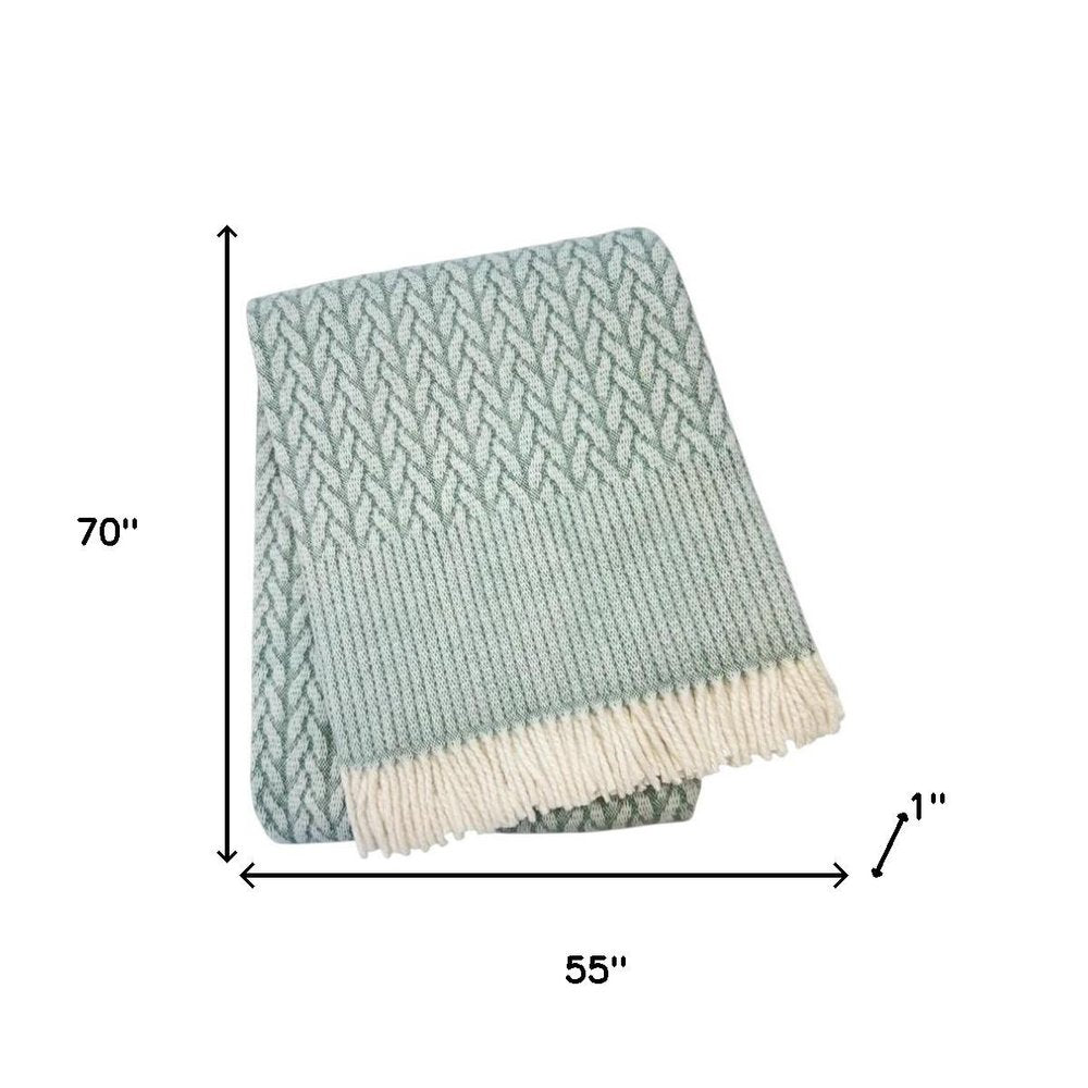 55" X 70" Sage Cotton Blend Woven Plush Throw Blanket with Fringe HomeRoots