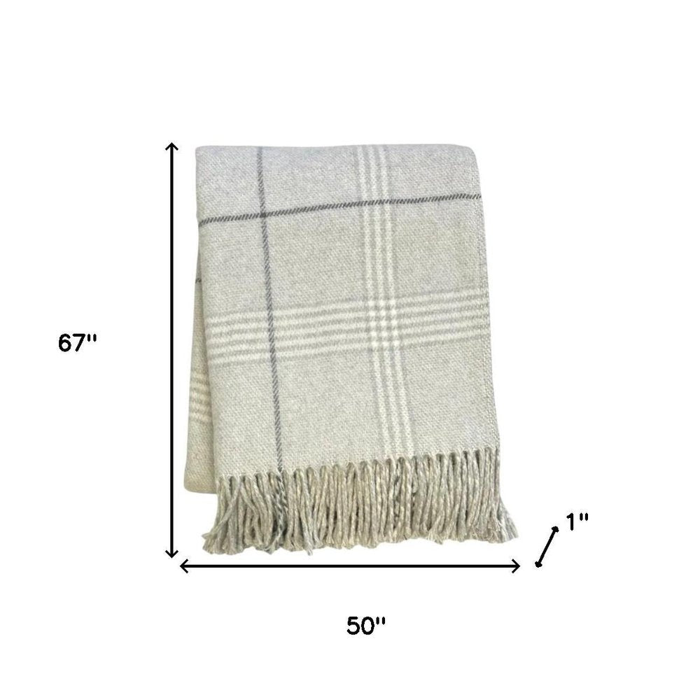 50" X 67" Sand And White Cotton Blend Woven Plaid Throw Blanket with Fringe HomeRoots