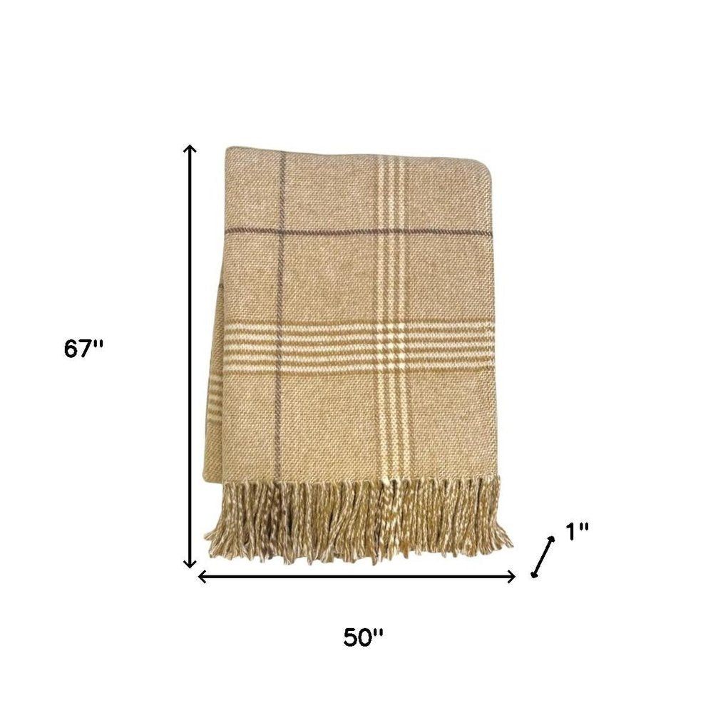 50" X 67" Stone And White Cotton Blend Woven Plaid Throw Blanket with Fringe HomeRoots
