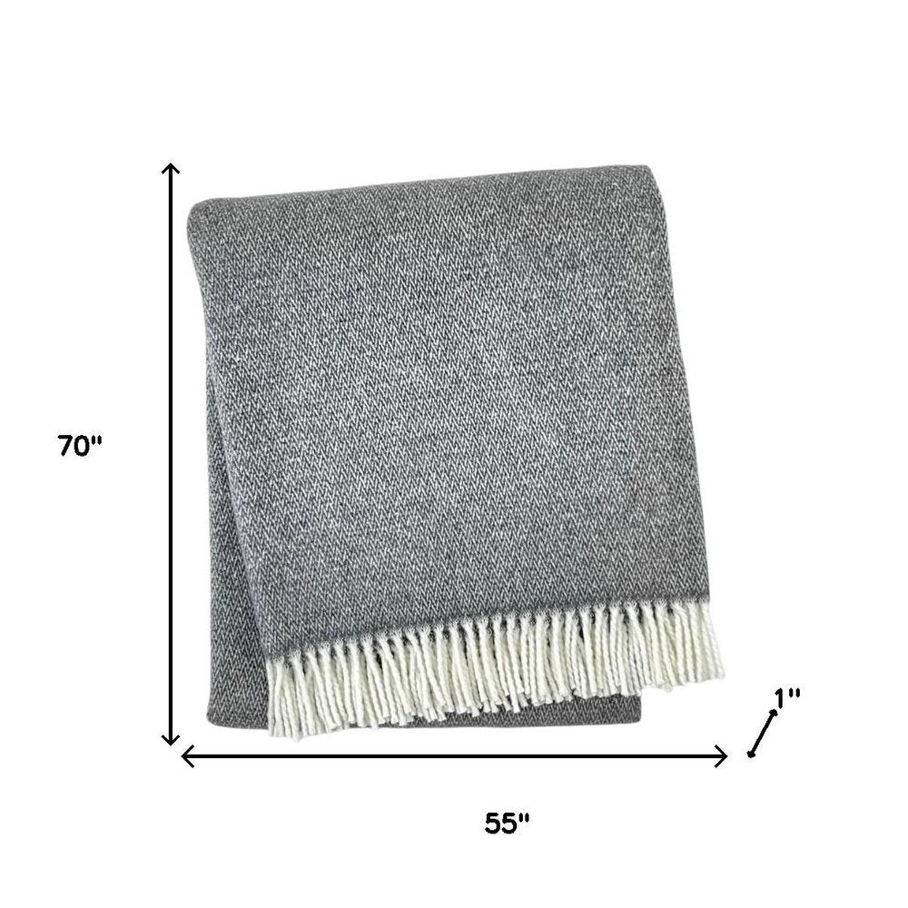 55" X 70" Dark Gray And White Cotton Blend Woven Herringbone Plush Throw Blanket with Fringe HomeRoots