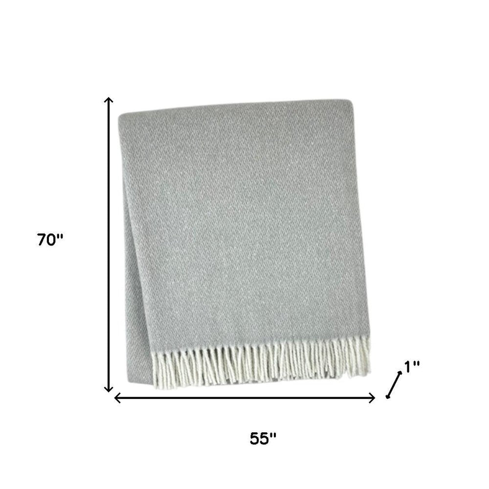 55" X 70" Light Gray And White Herringbone Cotton And Microfiber Woven Throw Blanket with Fringe HomeRoots