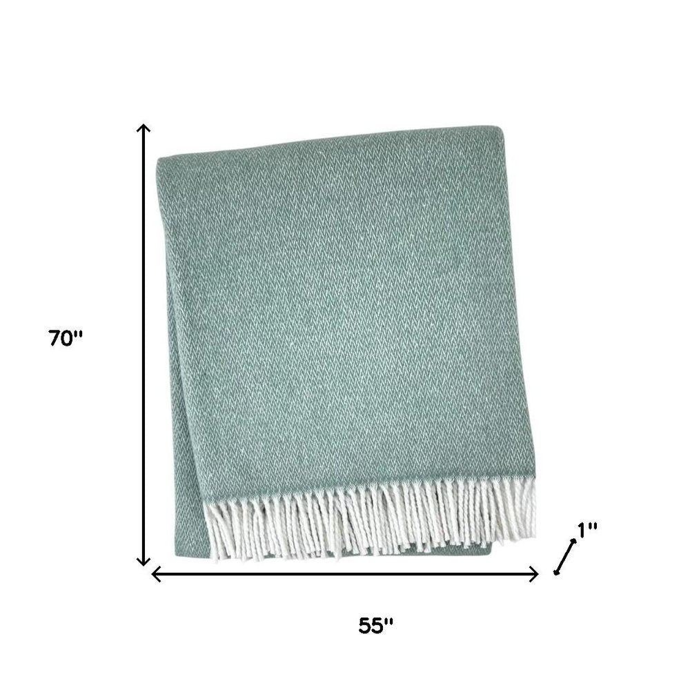 55" X 70" Sage And White Cotton Blend Woven Herringbone Plush Throw Blanket with Fringe HomeRoots