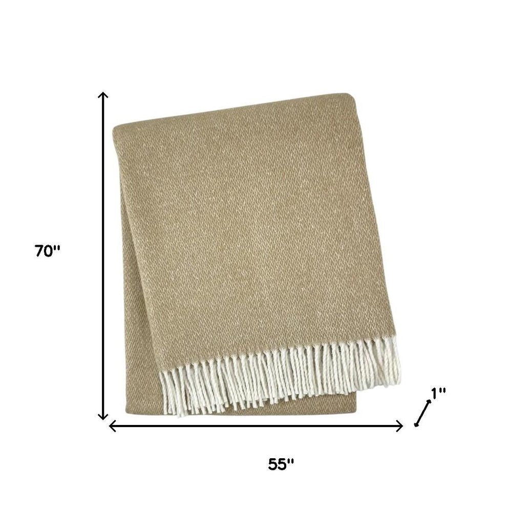 55" X 70" Stone And White Cotton Blend Woven Herringbone Plush Throw Blanket with Fringe HomeRoots