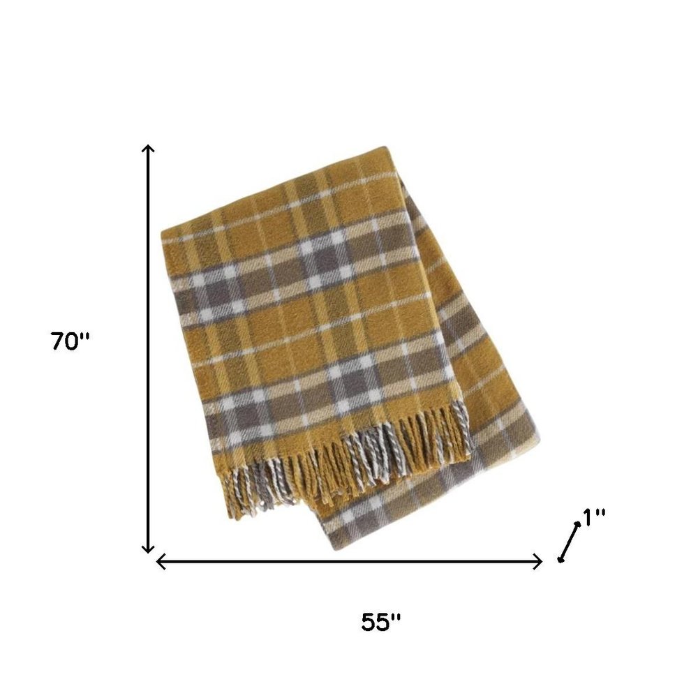 55" X 70" Gold And Brown Cotton Blend Woven Plaid Plush Throw Blanket with Fringe HomeRoots