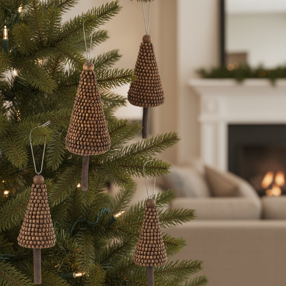 Set of Four Brown Wood Christmas Tree Shaped Ornaments HomeRoots