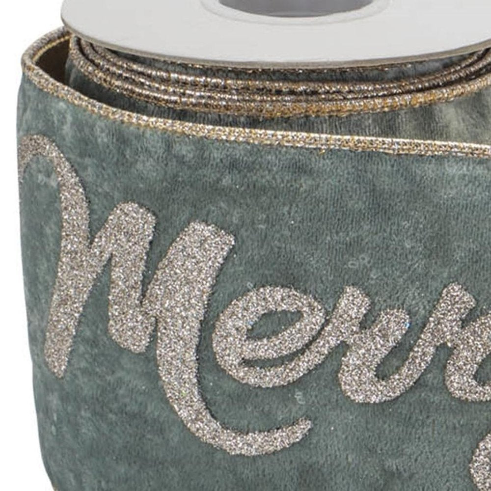 4" Green And Gold Glittered Merry Christmas Wired Ribbon HomeRoots