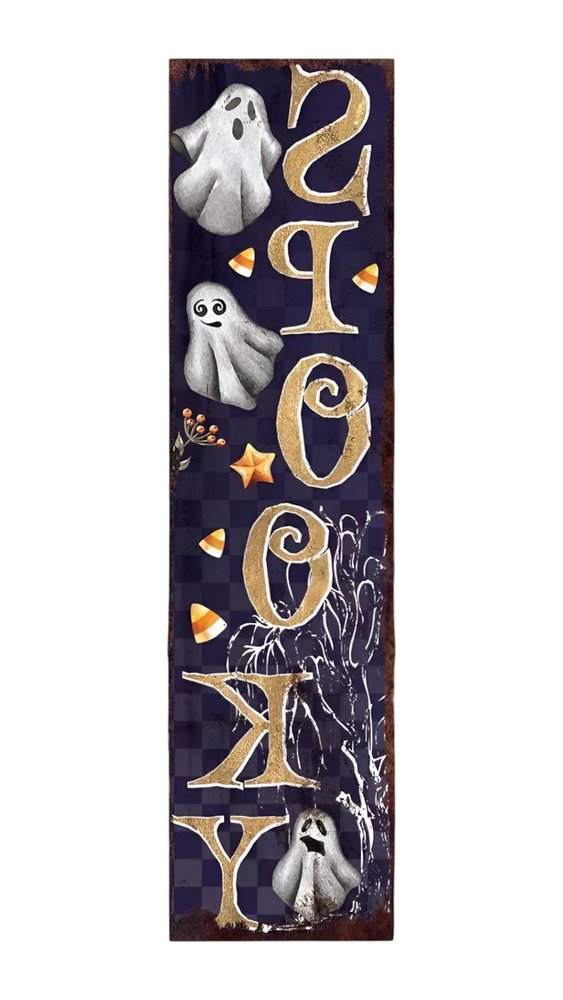 36" Black Gold And Orange Spooky Halloween Ghost Solid Wood Porch Sign HomeRoots