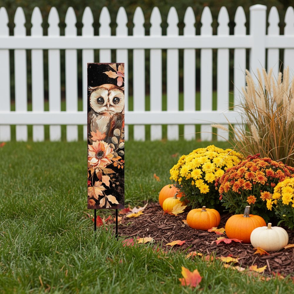 42" Black Orange And Tan Solid Wood Happy Halloween And Fall Owl Reversible Garden Stake HomeRoots