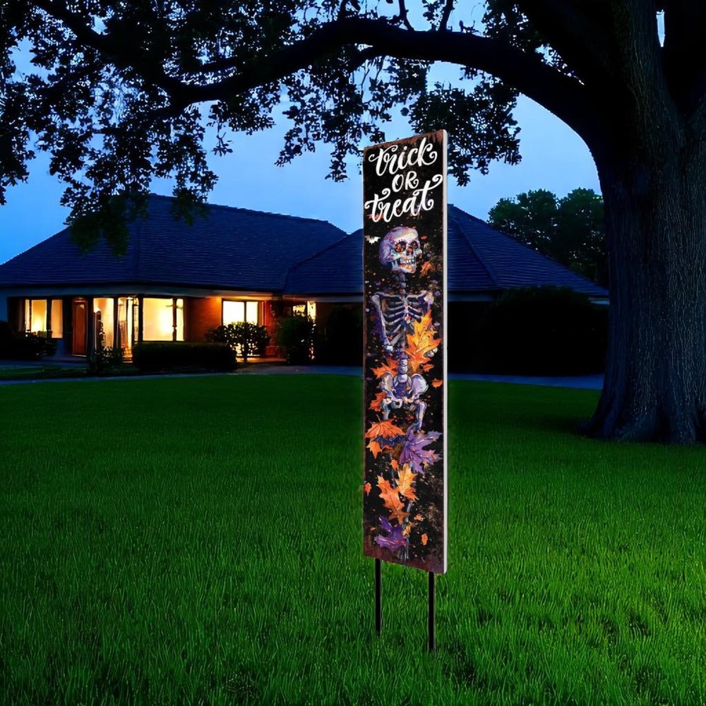 42" Black And Orange Trick or Treat Halloween Skeleton Solid Wood Garden Stake HomeRoots