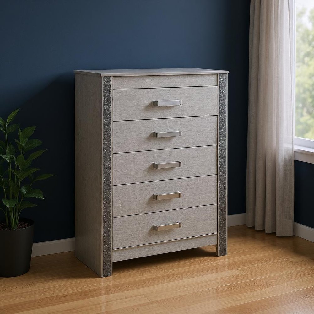 36" Silver Wood Five Drawer Dresser HomeRoots