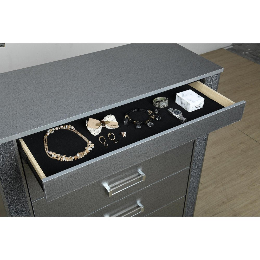 36" Silver Faux Crystal Bling Wood Five Drawer Dresser