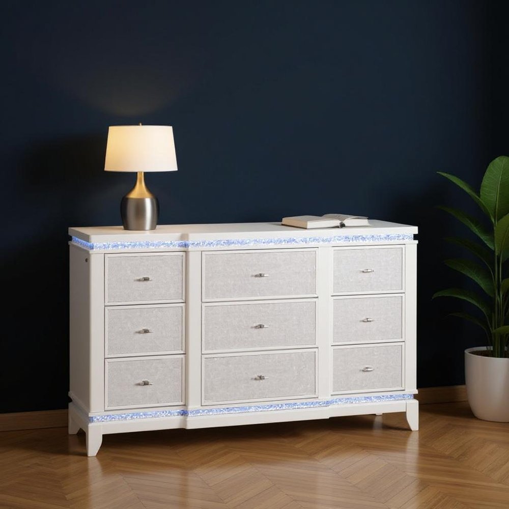62" White Faux Crystal Glitter Wood Lighted Nine Drawer Triple Dresser HomeRoots