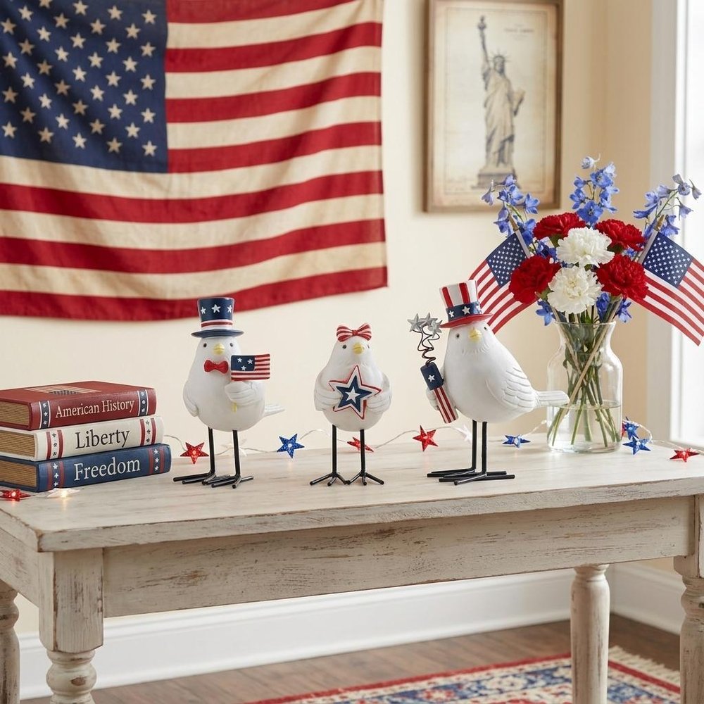 Set of Three Red White And Blue Polyresin Americana Bird Figurines HomeRoots