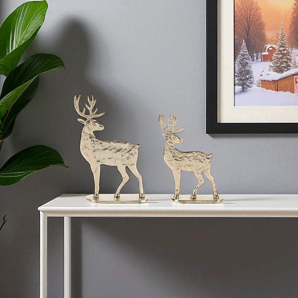 Set of Two Gold Aluminum Deer Christmas Figurine HomeRoots