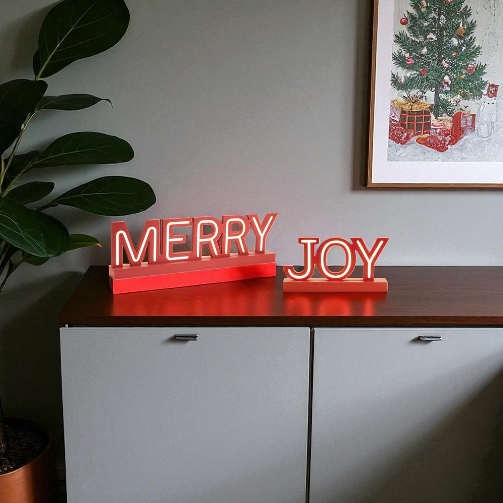 Set of Two Red And White Christmas Tabletop Sign with LED HomeRoots