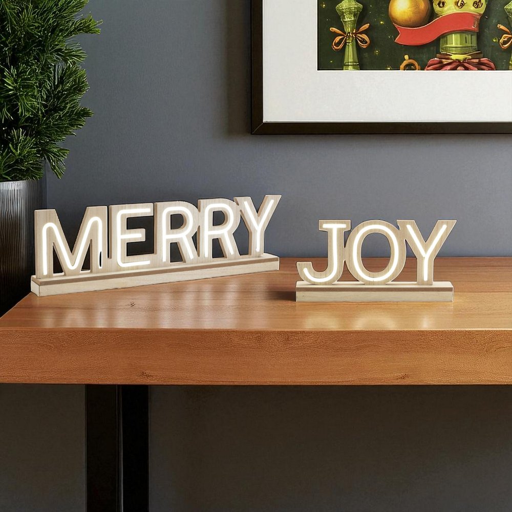 Set of Two Beige And White Christmas Tabletop Sign with LED HomeRoots