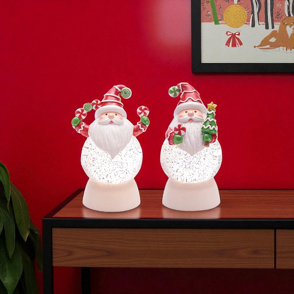 Set of Two White Green And Red Plastic Christmas Santa Tabletop Sculpture with LED HomeRoots