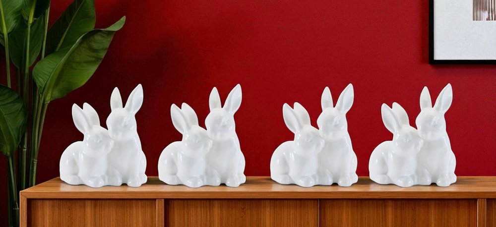 Set of Four White Ceramic Rabbit Figurine HomeRoots