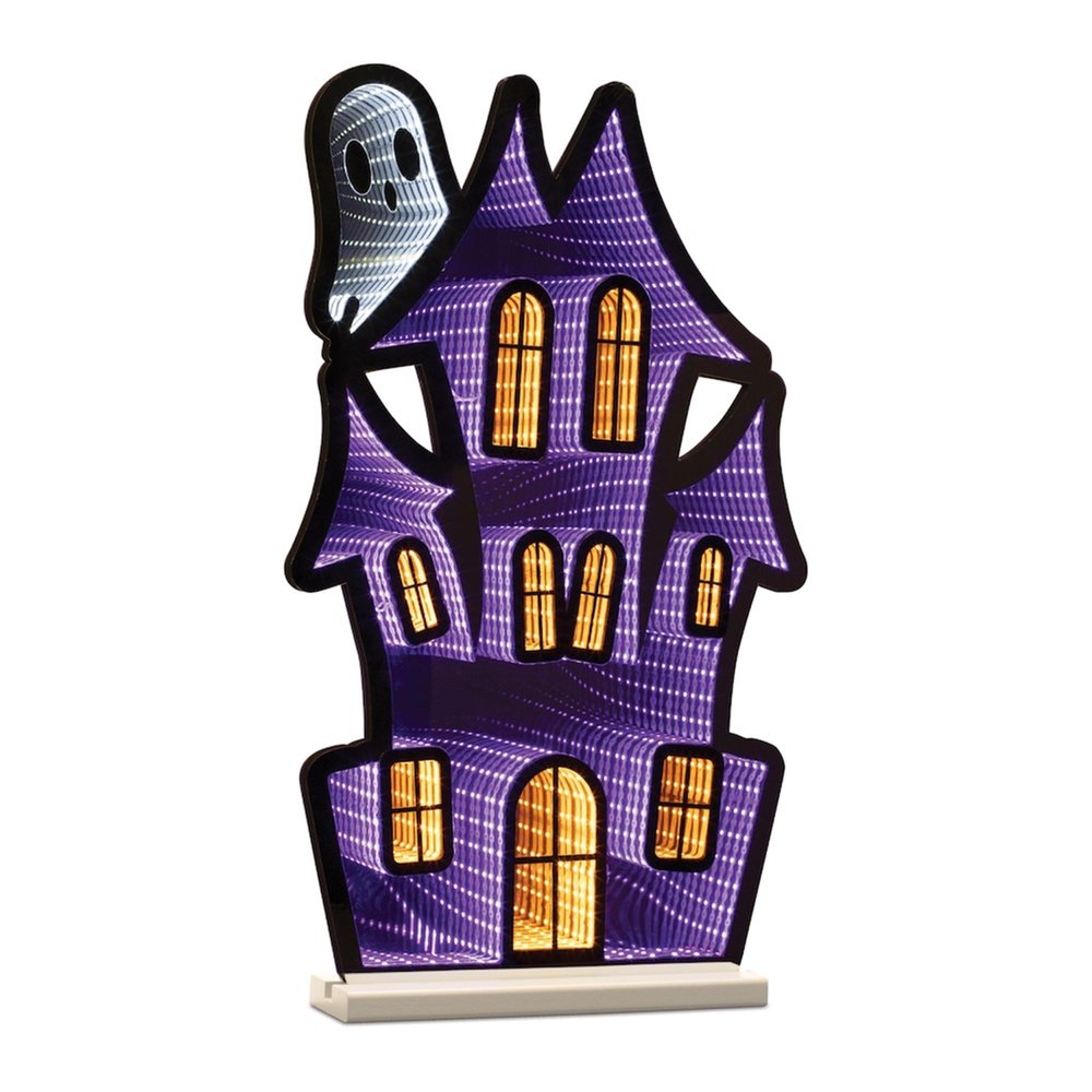 24" Black Orange And Purple Acrylic House Halloween Ghost Tabletop Sign with LED HomeRoots