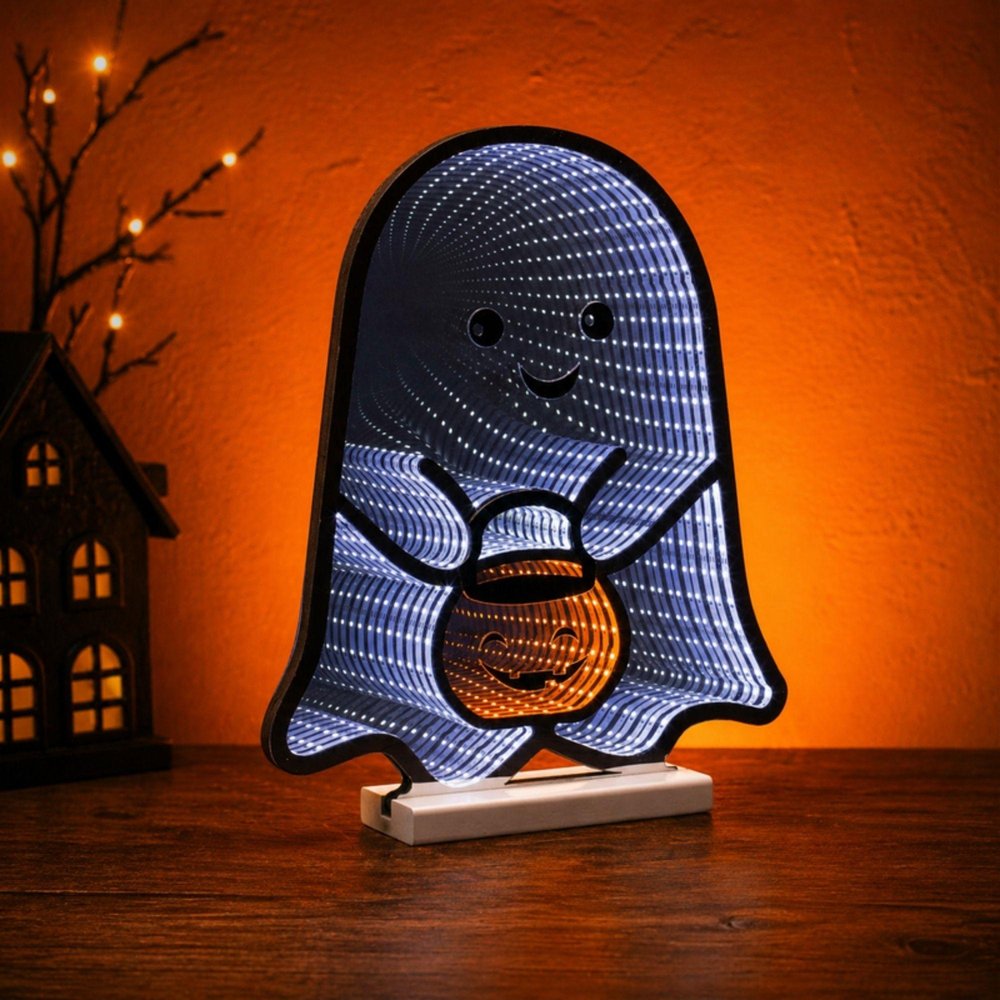 16" White Orange And Black Acrylic Halloween Ghost Tabletop Sign with LED HomeRoots