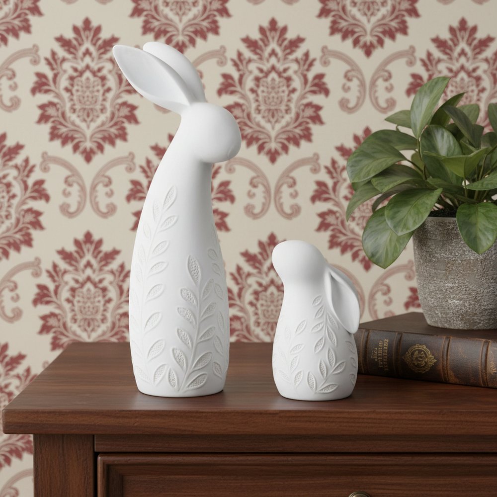 Set of Two White Polyresin Rabbit Figurines HomeRoots