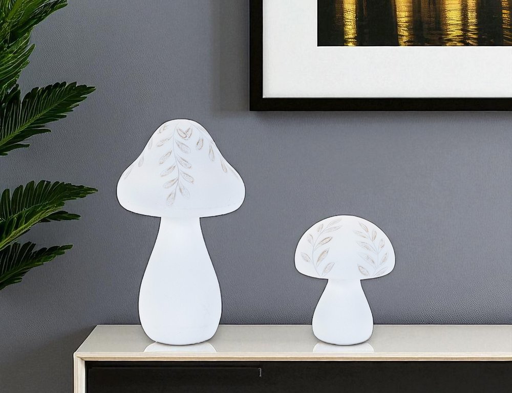 Set of Two White Polyresin Mushroom Tabletop Sculpture HomeRoots