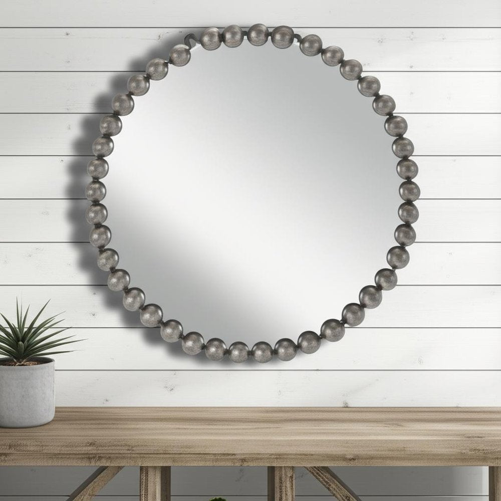24" Dark Gray Iron Beaded Round Accent Mirror HomeRoots
