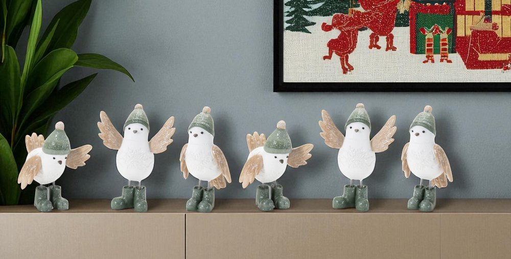 Set of Six White And Beige Resin Bird Figurine HomeRoots