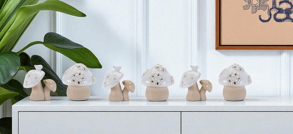 Set of Six Beige And Gray Porcelain Mushroom Tabletop Sculpture HomeRoots