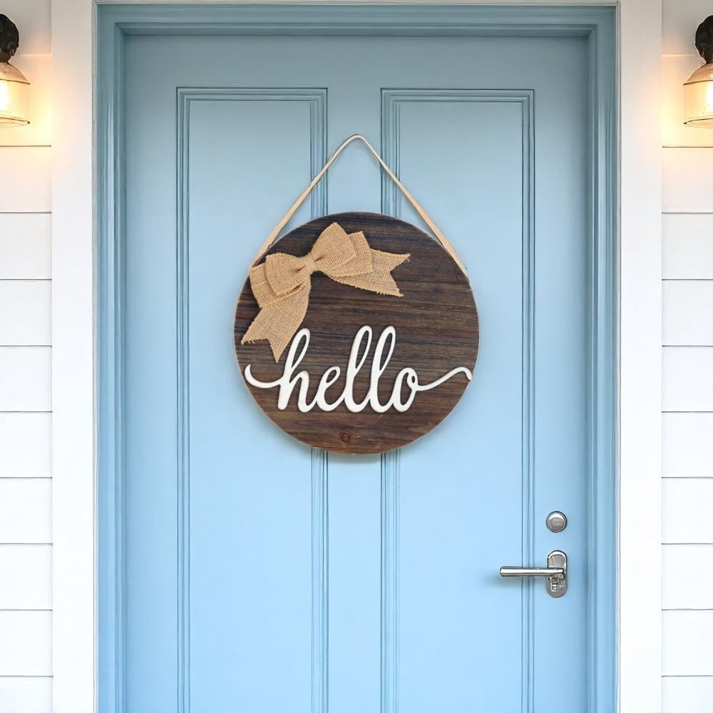 12" Brown Hello and Welcome Solid Wood Reversible Hanging Wall Or Door Decor HomeRoots