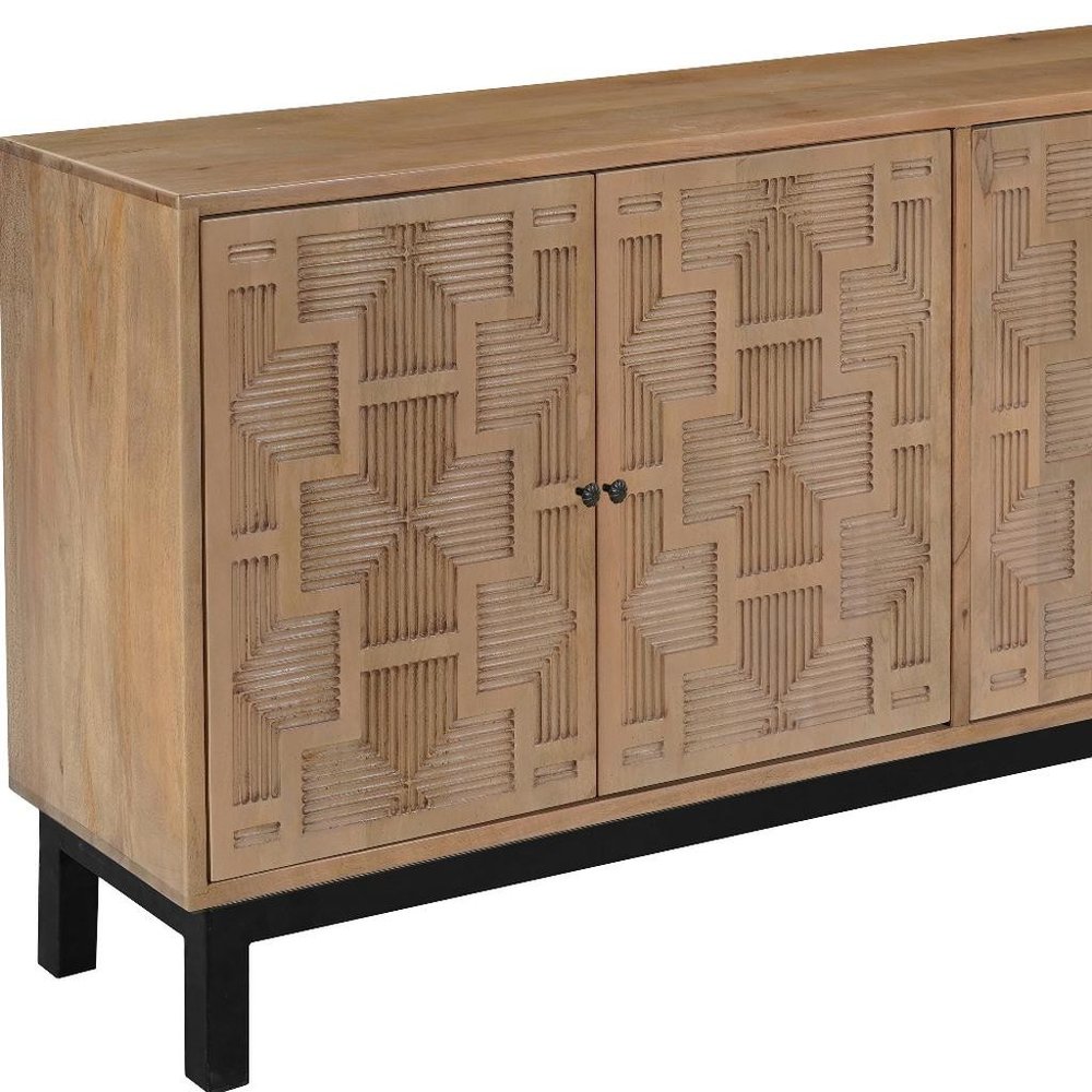 80" Brown Solid Wood Carved Geometric Sideboard with Four Doors HomeRoots