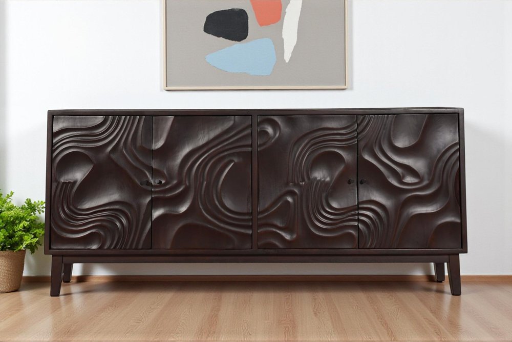 80" Dark Brown Solid Wood Carved Abstract Sideboard with Four Doors HomeRoots