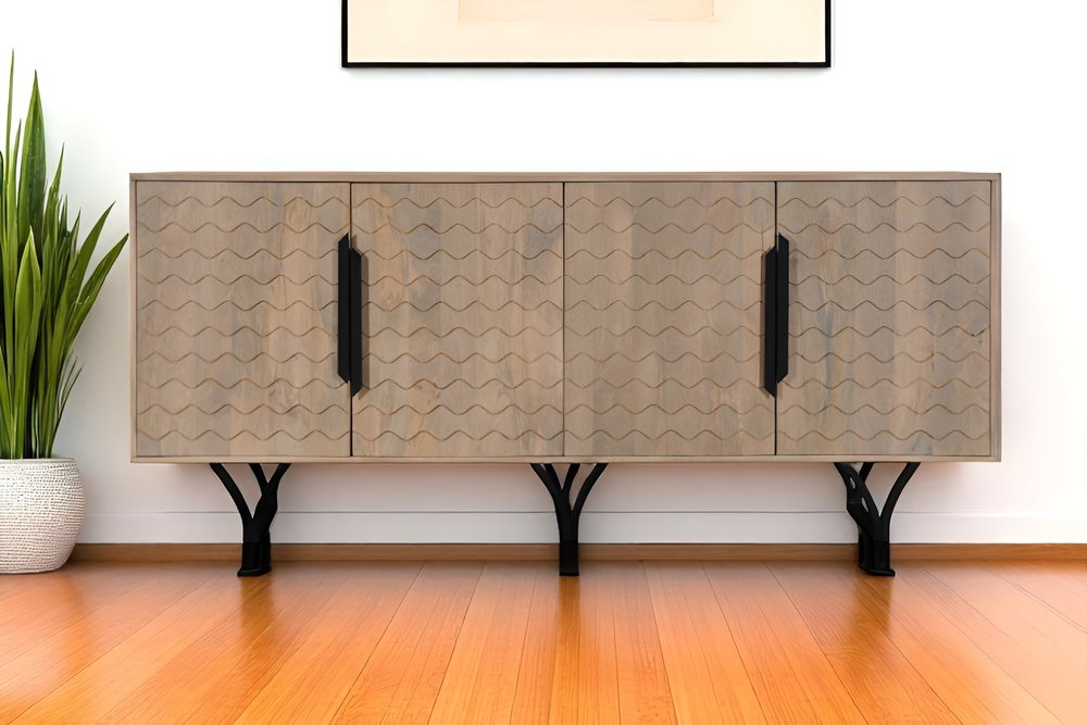 84" Beige Solid Wood Carved Geometric Sideboard with Four Doors HomeRoots