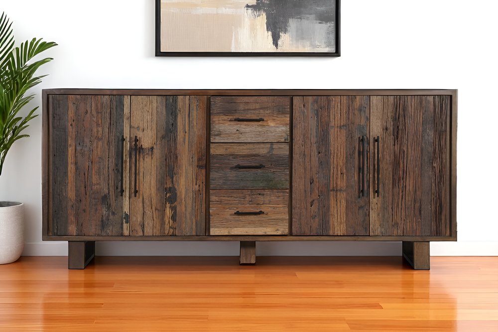 83" Dark Brown Distressed Reclaimed Wood Three Drawer Sideboard with Four Doors HomeRoots