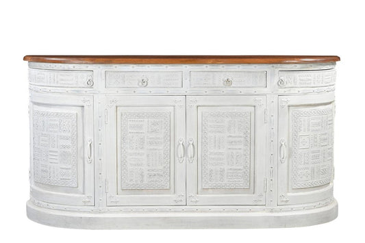 69" White And Brown Solid Wood Carved Geometric Four Drawer Four Door Sideboard HomeRoots